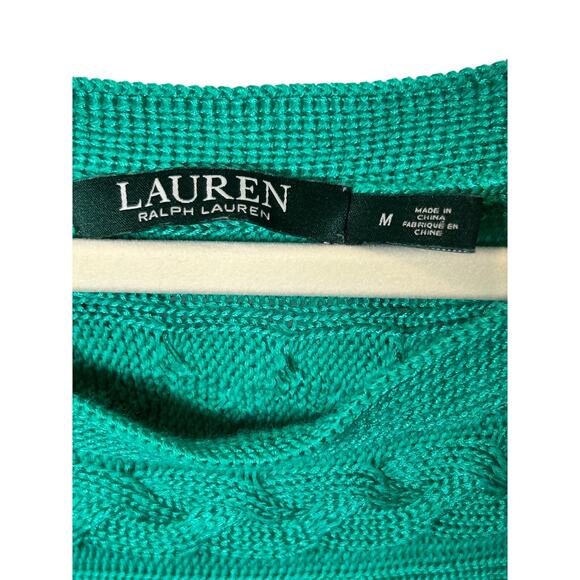 LaurenRALPH LAUREN Turquoise Blue Cotton Blend Cable Knit Short Sleeve Sweater L - Picture 2 of 5